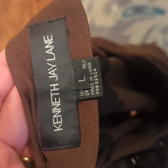 Kenneth Jay Lane Brown/ Black Button Down Flowy Old Money Silk Tunic Top Sz L - Picture 6 of 9